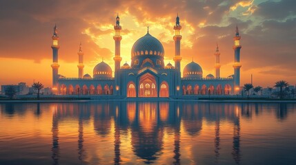 Obraz premium Majestic mosque at sunset, reflecting in tranquil waters.