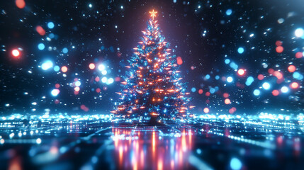 A vibrant, festive Christmas tree adorned with colorful lights and surrounded by sparkling snow.