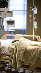 Hospital room with a bed, IV stand, and medical equipment, suggesting patient care.