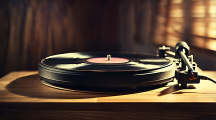 &ldquo;Close-Up of Classic Vinyl Record Player on Wooden Surface&rdquo; &ndash; An Artistic Illustration of a Vinyl Turntable with a Spinning Record and Soft Warm Lighting, with Copy Space