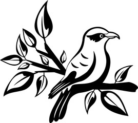 Line art drawing of shrike bird sit at lush tree branch. Abstract simple bird illustration, bird coloring page.