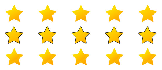 Five stars customer product review icon set. Five stars rating. Yellow 5 star flat icon for apps and websites. Quality, customer rating, feedback. Transparent png and vector illustration.