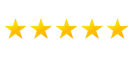 Five stars customer product review icon set. Five stars rating. Yellow 5 star flat icon for apps and websites. Quality, customer rating, feedback. Transparent png and vector illustration