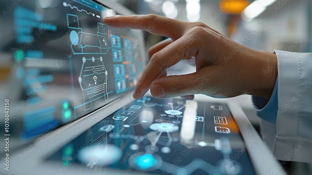 Aufkleber system doctor swipes through performance reports on a transparent touchpad, clean lab environment.