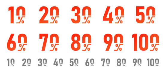 Shopping discount number set. Percentage number collection with 10, 20, 30, 40, 50, 60, 70, 80, 90, and 100  percent off. Sale tag transparent PNG and vector illustration.