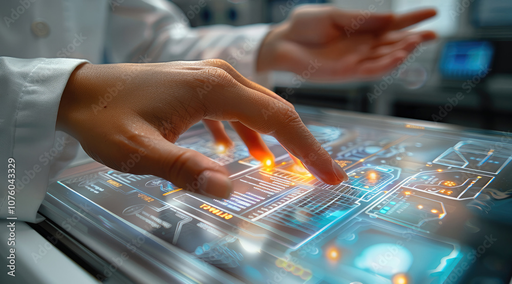 Aufkleber system doctor swipes through performance reports on a transparent touchpad, clean lab environment.