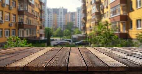 Fototapeta premium Empty wooden table top with a blurred background of a window and apartment building in the city, for a product display montage