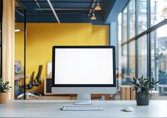 Modern open-plan office interior with a white concrete floor, glass walls, and wooden furniture. On the table is a computer monitor mockup with a blank screen