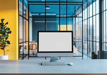 Fototapeta premium Modern open-plan office interior with a white concrete floor, glass walls, and wooden furniture. On the table is a computer monitor mockup with a blank screen