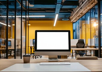 Fototapeta premium Modern open-plan office interior with a white concrete floor, glass walls, and wooden furniture. On the table is a computer monitor mockup with a blank screen