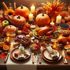 Festive Thanksgiving Table Setting with Roasted Turkey, Pumpkins, and Autumnal Decorations
