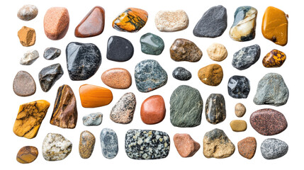 Colorful collection of polished stones on a white isolated background.