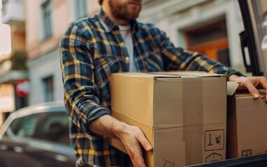 Delivery man in checkered shirt carrying heavy boxes from truck, mover loading or unloading cardboard boxes from van on family house moving in day. Copy space, de focused, blurred background