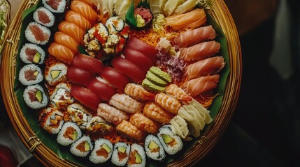 Colorful Sushi Platter from an Aerial View