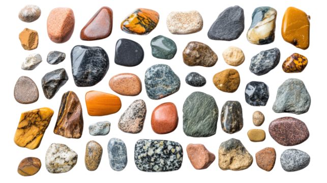 Colorful collection of polished stones on a white isolated background.