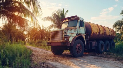 Obraz premium Truck in Sunset at Palm Oil Plantation