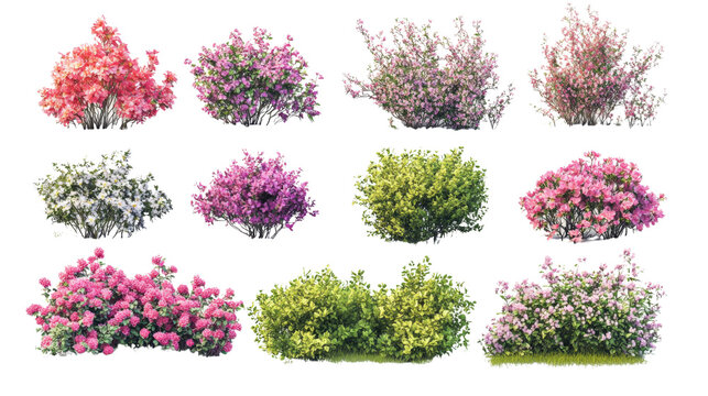 Fototapeta Various colorful flowering shrubs isolated on a white background.