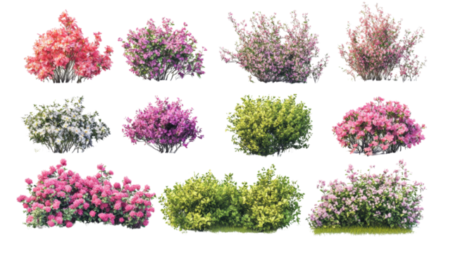 Various colorful flowering shrubs isolated on a white background.