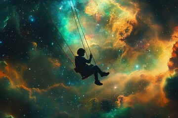 a person sitting on a swing in the sky