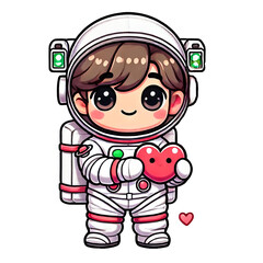 A cute astronaut holding a heart, symbolizing love and exploration in a cartoon style.