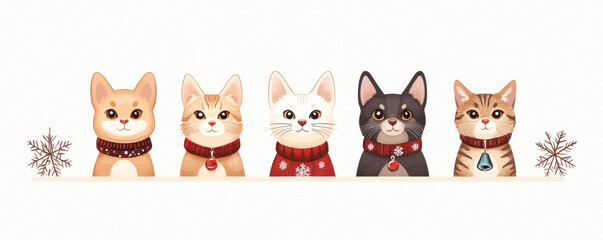 Adorable cartoon cats in festive sweaters with snowflakes, perfect for holiday designs.