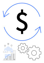 Dollar sign surrounded by circular arrows symbolizes financial growth. Cluster of servers beneath cloud storage, icons, gears represent automation and technology. Ideal for business, finance