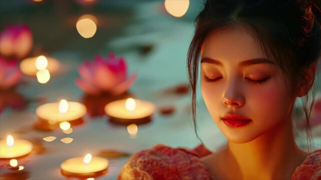 Beautiful young Asian woman taking spa procedures at luxury salon. Female by pool among lotus flowers and burning candles. Relaxation and meditation environment. Background for wellness health centre