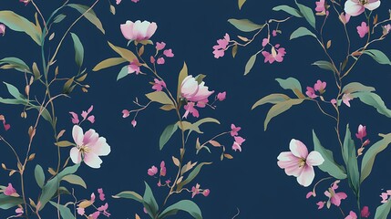 Purple flowers and green leaves pattern illustration poster background