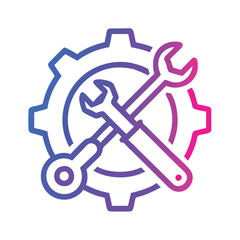 Wrench and screwdriver icon with gear in gradient, Vector illustration of a crossed wrench and screwdriver over a gear, depicted in a pink and blue gradient style, symbolizing repair, maintenance, and