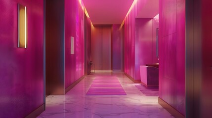 A sophisticated hallway with vibrant magenta wall coverings, contemporary lighting, and simple furnishings makes a warm welcome to the house.