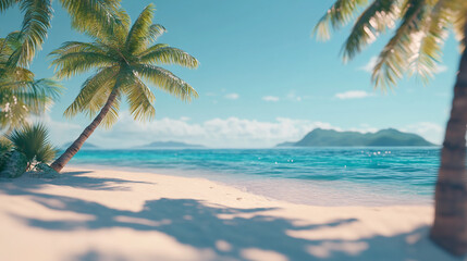 Obraz premium A tranquil tropical beach with swaying palm trees and clear blue water on a sunny day