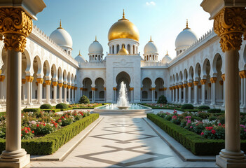 Fototapeta premium Majestic Grand Mosque Landmark Illuminated at Sunset