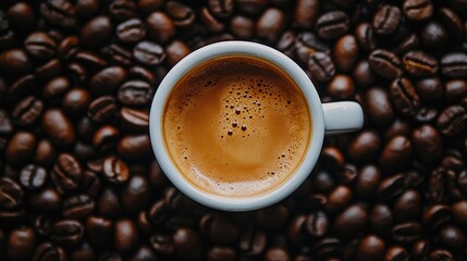 Freshly Brewed Coffee in a White Cup on Coffee Beans