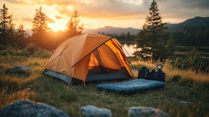 A peaceful camping scene at sunset with a tent and gear.