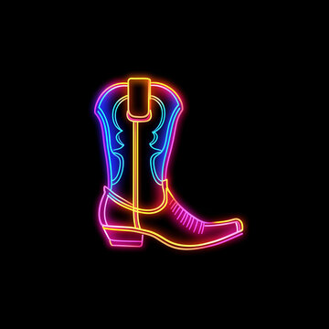 3D Vector logo of an illuminated colorful neon cowboy boots, in a black background. Modern image with neon lighting.