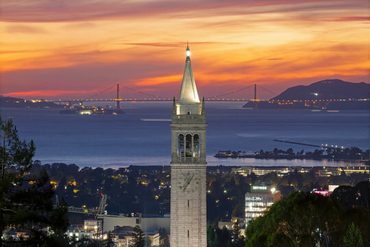 Sather Tower at Sunset with Golden Gate Bridge as the Background