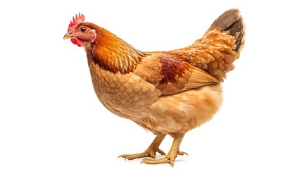  brown hen stands facing forward.