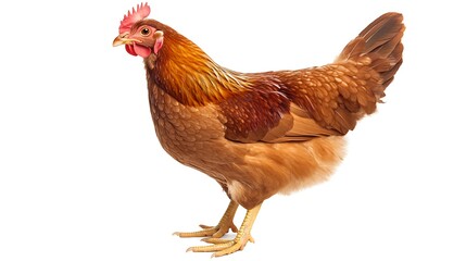  brown hen stands facing forward.