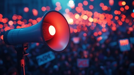 Megaphone Floating Above Peaceful Protest with Glowing Words of Justice and
