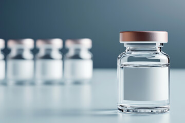 Close-up of a clear vaccine vial with a copper cap on a serene blue background.