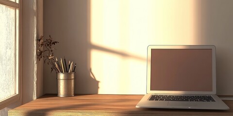 A serene workspace with a laptop, potted plants, and stationery in soft natural light.