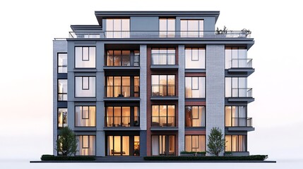 A modern  multi-story apartment building with windows and balconies.