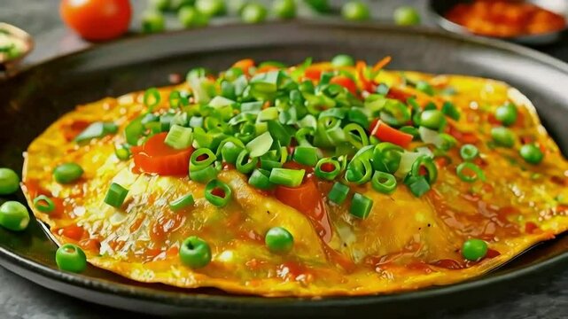 Egg Foo Young with Green Onions, Tomatoes, and Sweet and Sour Sauce