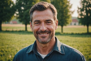 Close portrait of a smiling 40s Hungarian male farmer standing and looking at the camera, outdoors Hungarian rural blurred background