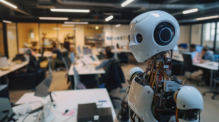 Over-the-Shoulder View of a Robot Staring Down at Human Workspaces in Dim Lighting, emphasizing authority