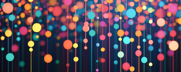 Colorful abstract design featuring vibrant circles and vertical lines on a dark background.
