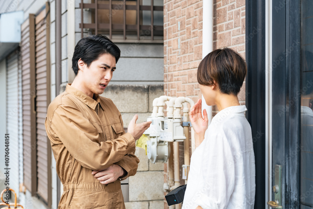 Aufkleber 業者、説明、点検、検査、メンテナンス、住宅、詐欺、トラブル、営業、セールス、メーター、電気、水道、検針、交換、工事、作業員、迷惑、不安、脅し、脅迫、心配、セキュリティ、防犯、会話、玄関、設備、故障、修理、修繕、会社、闇バイト、女性、男性、日本人、アドバイス、サポート、訪問、派遣、ぼったくり、悪徳、見積もり、水回り、リフォーム、手抜き、高額、職人、注意、警告、人物