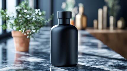 A sleek black bottle on a marble countertop, suggesting elegance.