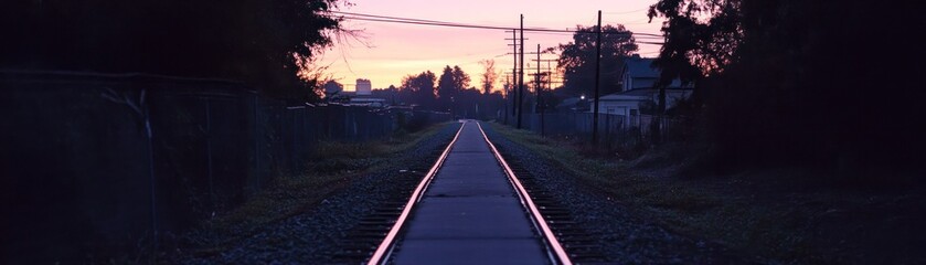 Fototapeta premium A tranquil railway track leading into a colorful sunset, evoking a sense of journey and exploration.