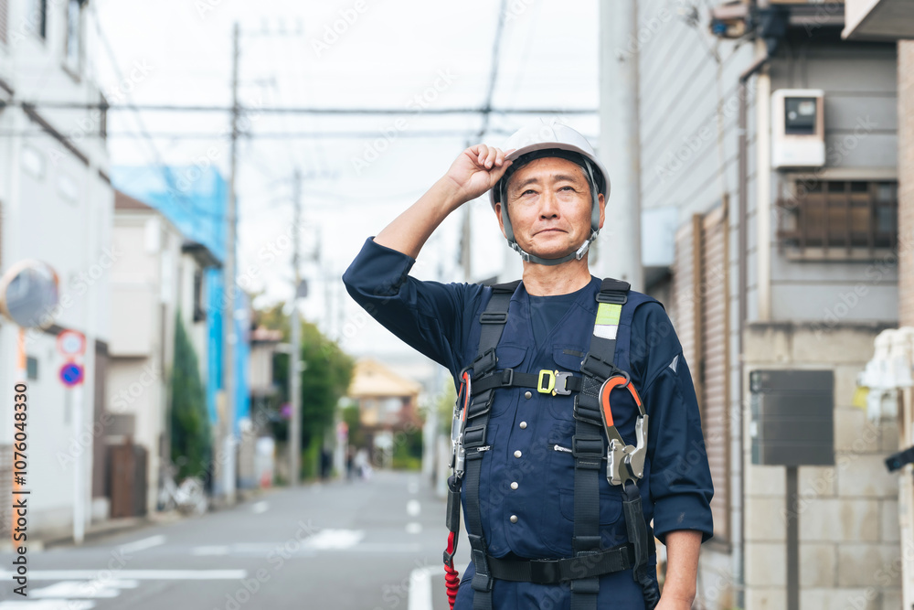 Poster 作業員、シニア、大工、建築、建設、工事、フルハーネス、高所作業、電気、技師、電力、現場、道路、インフラ、保守、住宅、男性、日本人、職人、仕事、職業、修理、修繕、復旧、復興、防災、災害、配管、ヘルメット、安全、危険、下請け、親方、中小企業、ベテラン、人材、シルバー、作業服、エンジニア、技能職、消防、レスキュー隊、シリアス、住宅街、会社、施工、業者、工務店、働く、人物